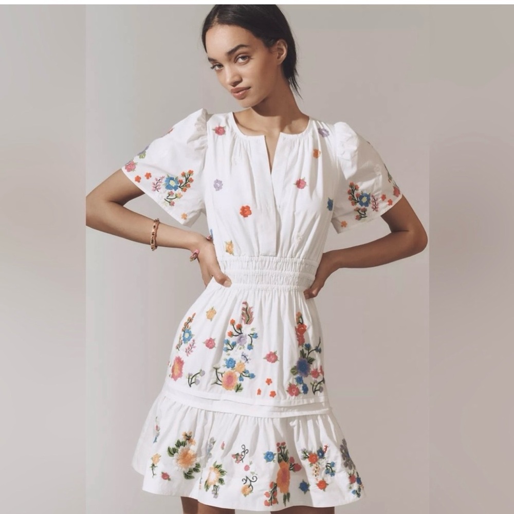 Anthropologie Somerset Floral Embroidered White Dress XS pockets